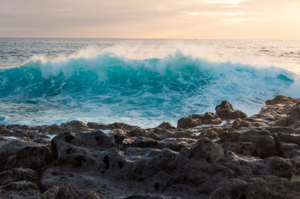 Vague translucide se brisant en écume sur un platier de roche volcanique, lumière dorée