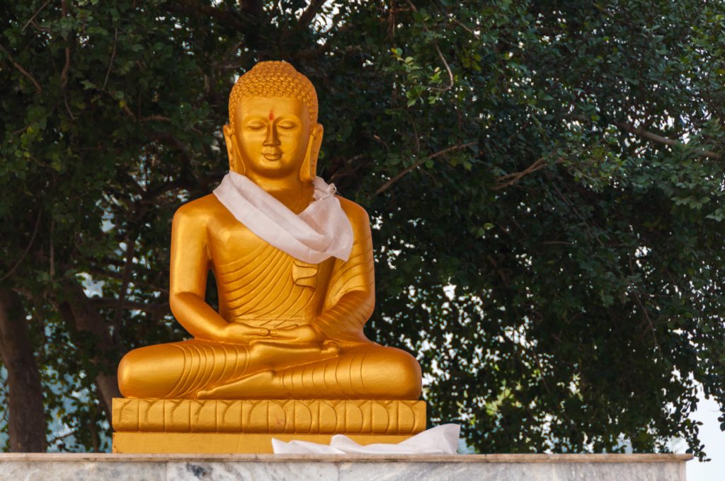 Statue de Bouddha dorée en méditation, écharpe blanche sur l'épaule, devant un arbre