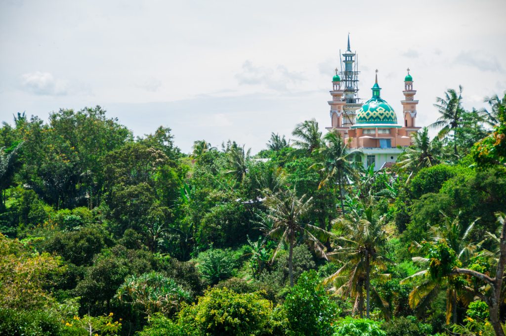 Dôme vert et minarets d'une mosquée émergeant d'une canopée tropicale dense