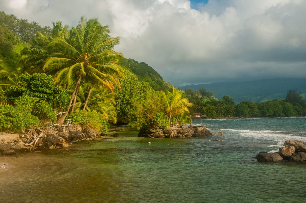 Cocotiers penchés sur une plage de sable sombre, lagon translucide et montagnes à l'horizon